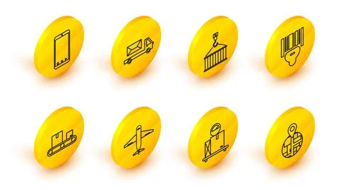 Set line , Scale with cardboard box, Plane, Conveyor belt, Scanner scanning b Stock Illustration