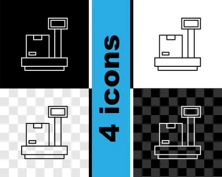 Set line Scale with cardboard box icon isolated on black and white, transpare Stock Illustration