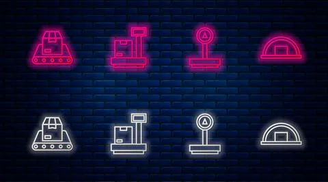Set line Scale with cardboard box, Conveyor belt and Warehouse. Glowing neon  Illustrazione stock