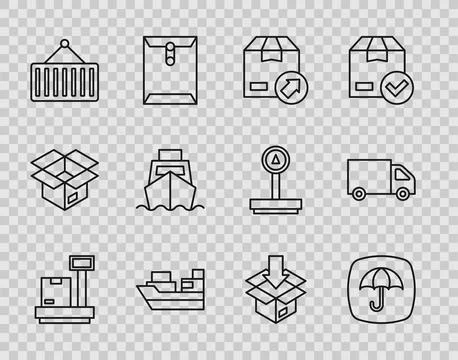 Set line Scale with cardboard box, Delivery package umbrella, Carton, Cargo ship 库存插图