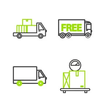 Set line Scale with cardboard box, Delivery cargo truck vehicle, Free delivery Stock Illustration