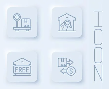 Set line Scale with cardboard box, Warehouse check, Free storage and Tax. White Illustrazione stock