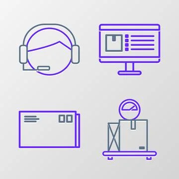 Set line Scale with cardboard box, Envelope, Computer monitor app delivery 스톡 일러스트