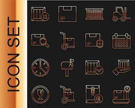 Set line Scale with cardboard box, Delivery hand boxes, Calendar, Container Stock Illustration