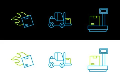 Set line Scale with cardboard box, Carton and Forklift truck icon. Vector Illustrazione stock