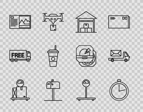 Set line Scale with cardboard box, Stopwatch, Warehouse, Open mail, Postcard 스톡 일러스트
