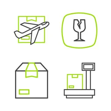 Set line Scale with cardboard box, Carton, Fragile broken glass and Plane a.. 스톡 일러스트