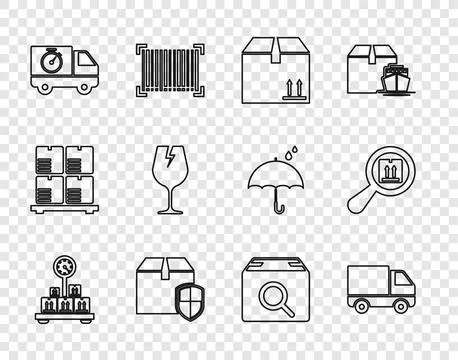 Set line Scale with cardboard box, Delivery cargo truck vehicle, Cardboard .. Stockillustratie