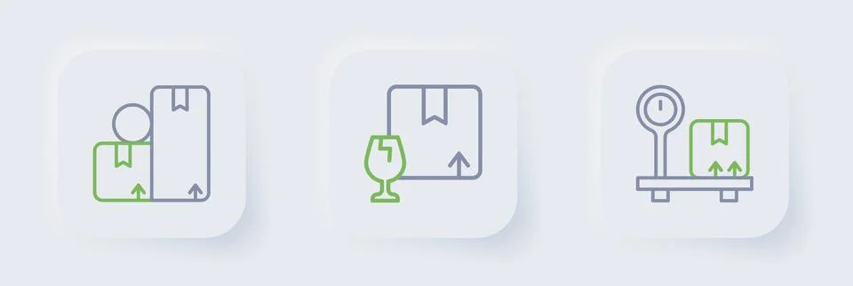 Set line Scale with cardboard box, Package fragile content and Carton icon... Stock Illustration