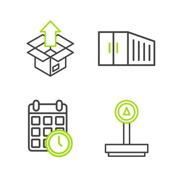 Set line Scale, Cardboard box with calendar, Container and Unboxing icon. V.. 库存插图
