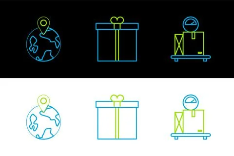 Set line Scale with cardboard box, Worldwide and Gift icon. Vector Illustrazione stock