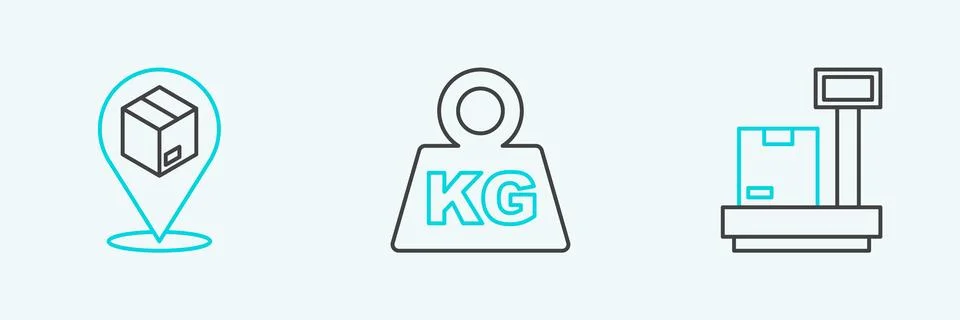 Set line Scale with cardboard box, Location and Weight icon. Vector Stock Illustration