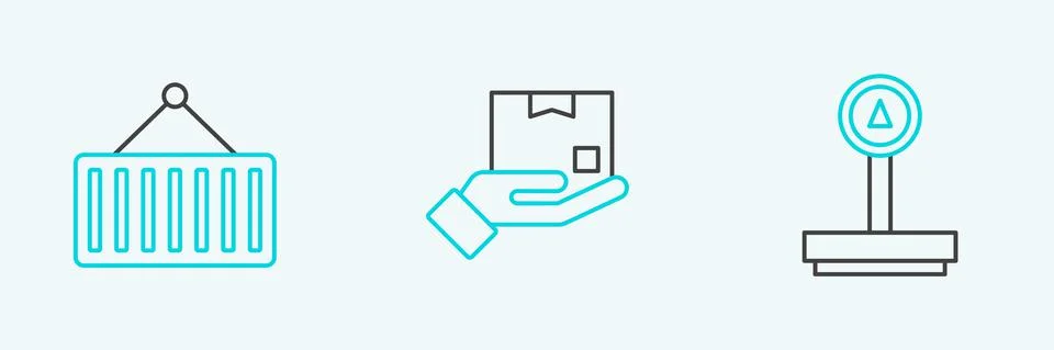 Set line Scale, Container on crane and Delivery hand with box icon. Vector イラスト素材