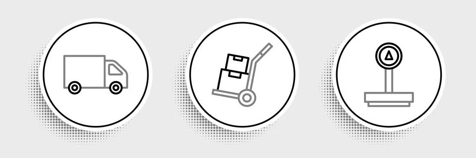 Set line Scale, Delivery cargo truck and Hand and boxes icon. Vector 스톡 일러스트