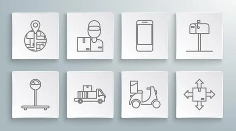 Set line Scale, Delivery man with cardboard boxes, truck, Scooter delivery 스톡 일러스트