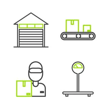 Set line Scale, Delivery man with cardboard boxes, Conveyor belt and Closed w Illustrazione stock