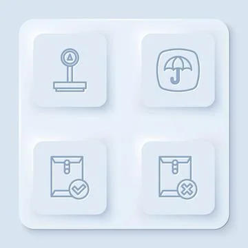 Set line Scale, Delivery package with umbrella, Envelope and check mark and Illustrazione stock