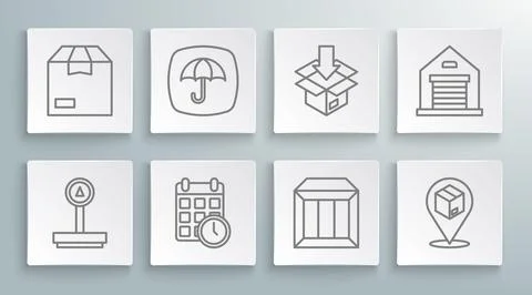 Set line Scale, Delivery package with umbrella, Cardboard box calendar, Carton Illustrazione stock