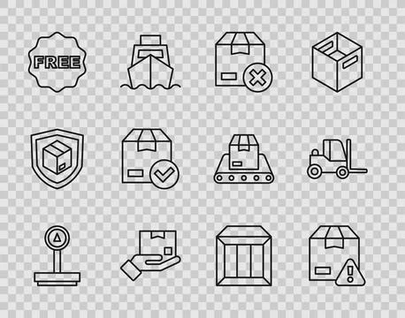 Set line Scale, Delivery security with shield, Carton cardboard box, hand, ri イラスト素材