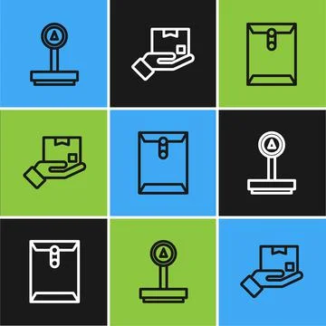 Set line Scale, Envelope and Delivery hand with box icon. Vector Stockillustratie