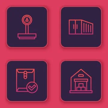 Set line Scale, Envelope and check mark, Container and Warehouse. Blue square 스톡 일러스트