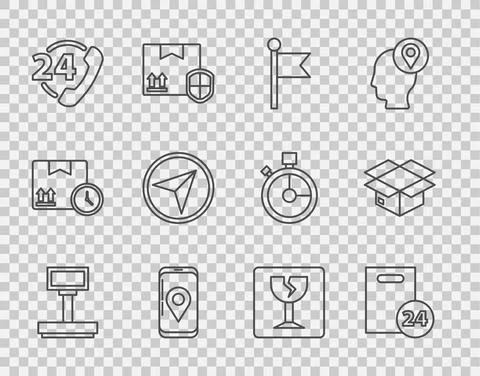 Set line Scale, Location marker, Mobile app delivery tracking, Telephone 24 イラスト素材