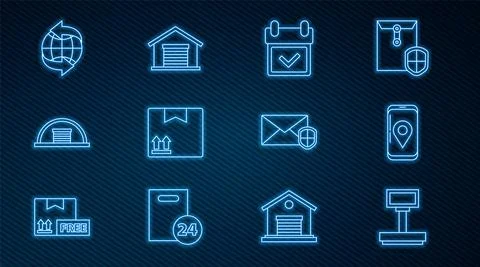 Set line Scale, Mobile with app delivery tracking, Calendar check mark 库存插图