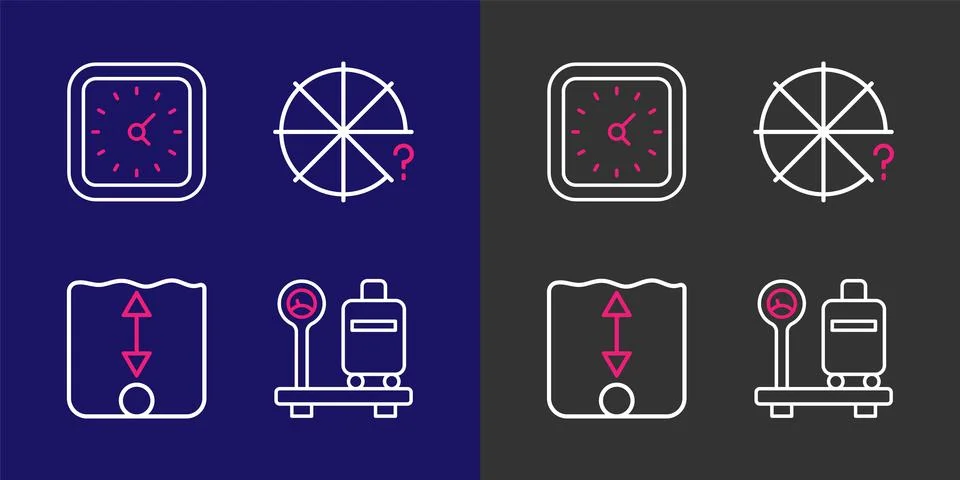 Set line Scale with suitcase, Depth measurement, Circle of pieces and Clock.. イラスト素材