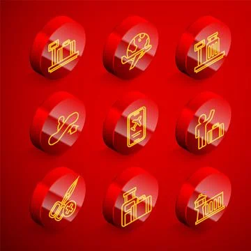 Set line Scale with suitcase, Globe flying plane, Escalator up, Mobile ticket Stock Illustration