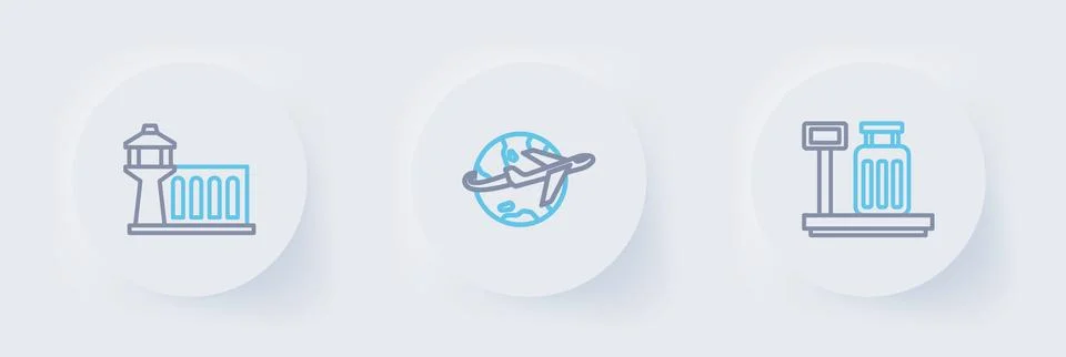 Set line Scale with suitcase, Globe flying plane and Airport control tower .. Stock Illustration