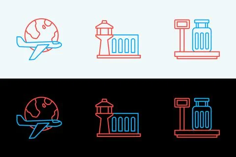 Set line Scale with suitcase, Globe flying plane and Airport control tower .. Stockillustratie