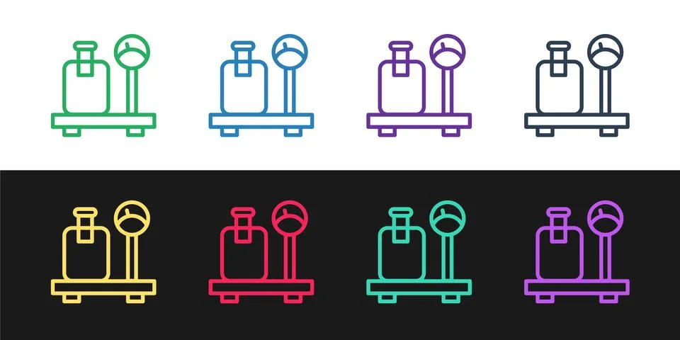 Set line Scale with suitcase icon isolated on black and white background イラスト素材