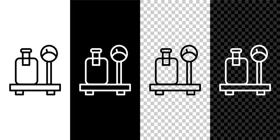 Set line Scale with suitcase icon isolated on black and white, transparent 스톡 일러스트