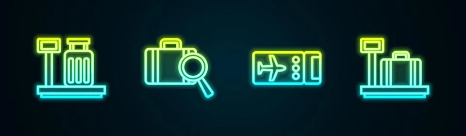 Set line Scale with suitcase, Lost baggage, Airline ticket and . Glowing ne.. Illustration