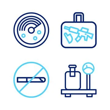 Set line Scale with suitcase, No Smoking, Suitcase and Radar targets on monitor イラスト素材