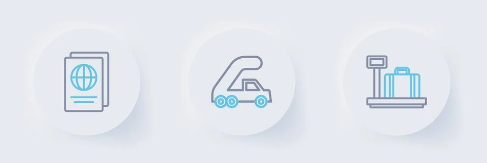 Set line Scale with suitcase, Passenger ladder for plane boarding and Passp.. Stock Illustration
