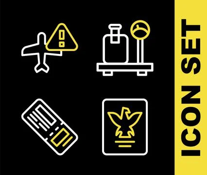 Set line Scale with suitcase, Passport, Airline ticket and Warning aircraft icon Stockillustratie