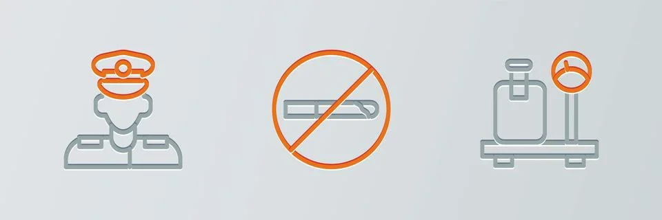 Set line Scale with suitcase, Pilot and No Smoking icon. Vector Stockillustratie