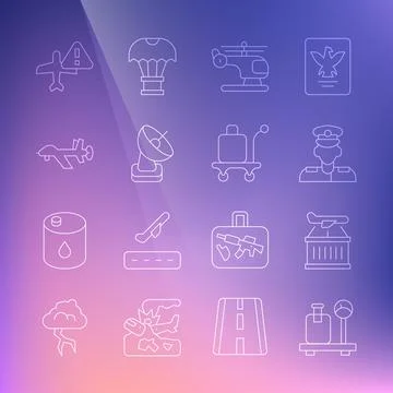 Set line Scale with suitcase, Plane, Pilot, Helicopter, Radar, UAV Drone Illustration