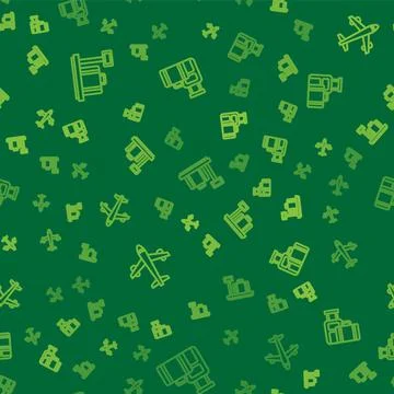 Set line Scale with suitcase, Plane and Suitcase on seamless pattern. Vector Illustrazione stock