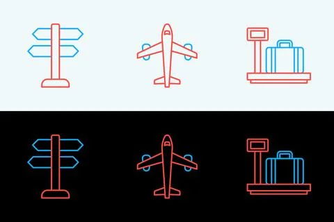 Set line Scale with suitcase, Road traffic sign and Plane icon. Vector イラスト素材
