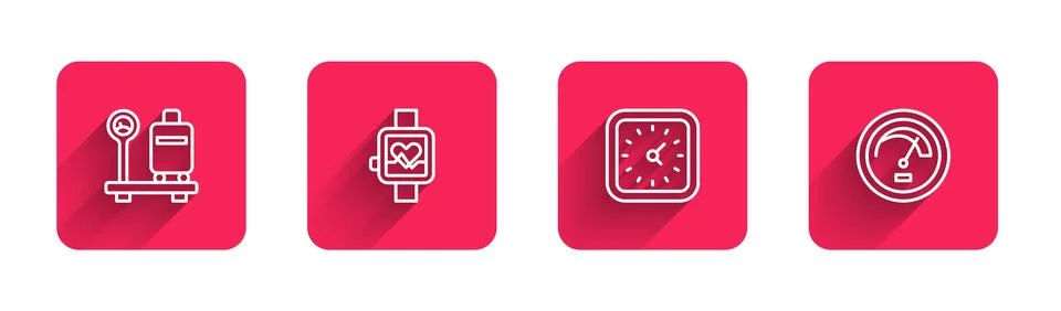 Set line Scale with suitcase, Smart watch, Clock and Speedometer with long .. Stock Illustration