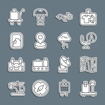 Set line Scale with suitcase, World travel map, Aircraft steering helm, UAV Illustrazione stock