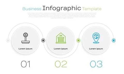 Set line Scale, Warehouse and Location with cardboard box. Business infographic Illustrazione stock