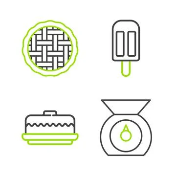 Set line Scales, Cake, Ice cream and Homemade pie icon. Vector Stockillustratie