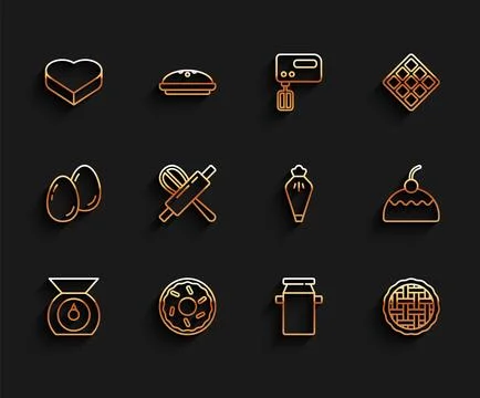 Set line Scales, Donut, Candy in heart shaped box, container for milk, Home.. Stock Illustration