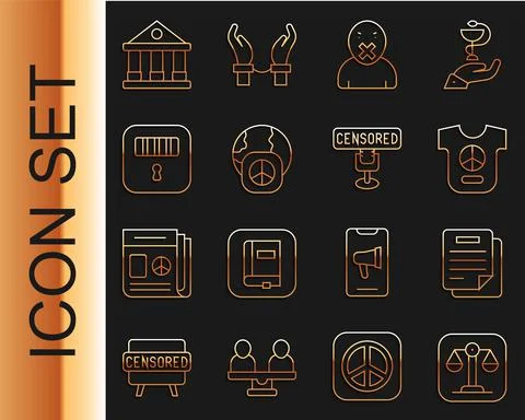 Set line Scales of justice, Document, Peace, Censor and freedom speech Ilustración de archivo