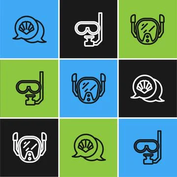 Set line Scallop sea shell, Diving mask and and snorkel icon. Vector 스톡 일러스트