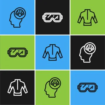 Set line Scallop sea shell, Wetsuit and Diving mask icon. Vector Stock Illustration