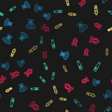 Set line Scallop sea shell, Sauce bottle, Octopus and Lobster on seamless Illustrazione stock